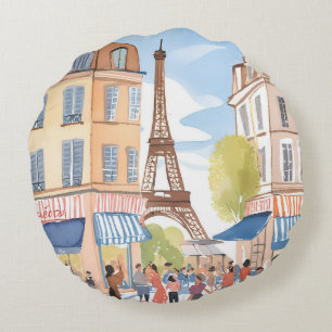 Almofada Redonda Paris França Torre Eiffel Aquarela Viagem