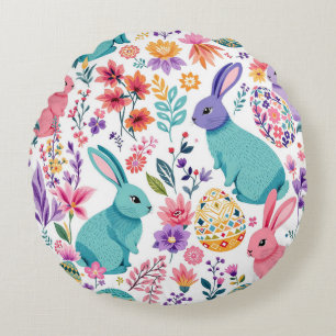 Almofada Redonda Páscoa de Padrão Flamental de Primavera Bunnies Co