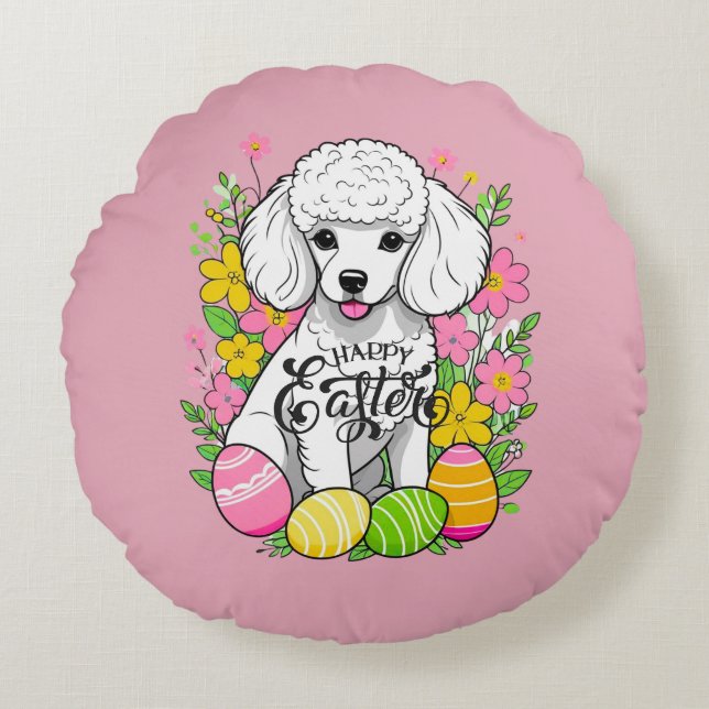 Almofada Redonda Páscoa Poodle com flores (Frente)