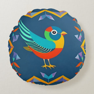 Almofada Redonda Pássaro Colorido na Design de Arte Geométrica Abst