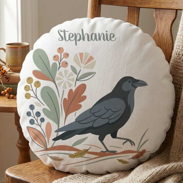Almofada Redonda Pássaro Corvo Negro Botânico Outono (Black raven botanical round pillow)