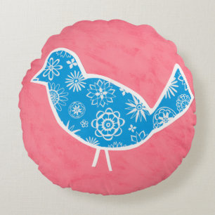Almofada Redonda Pássaro Decorativo com Padrões em Fundo Rosa