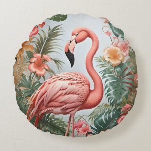 Almofada Redonda Pássaro Flamingo Rosa Elegante e Flores Tropicais