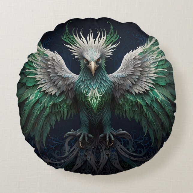 Almofada Redonda Pássaro Majestoso Verde e Branco da Phoenix (Frente)