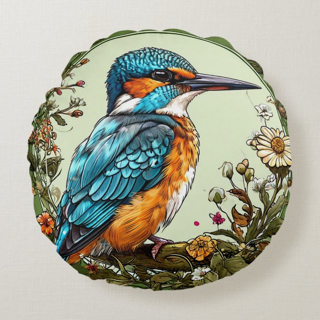 Almofada Redonda Pássaro Martim-Pescador Presente para Decoração de (Frente)