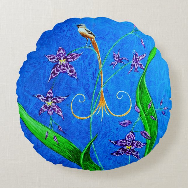 Almofada Redonda Pássaro Orquídeo do Havaí Feliz (Frente)