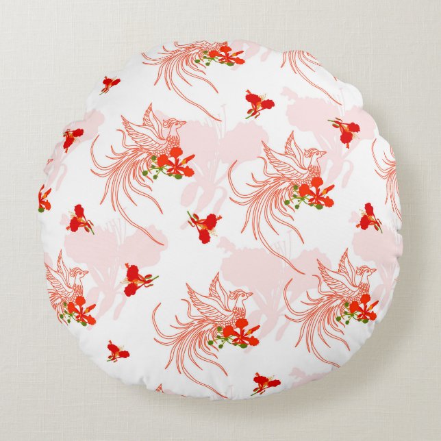 Almofada Redonda Pássaro Phoenix E Flor Phoenix Sem Olho (Frente)
