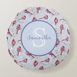 Almofada Redonda Pássaros Cardinal Azul Cinza Personalizados Monogr