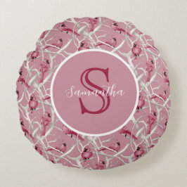 Almofada Redonda Pássaros Cardinal Rosa Cinza Personalizados Monogr