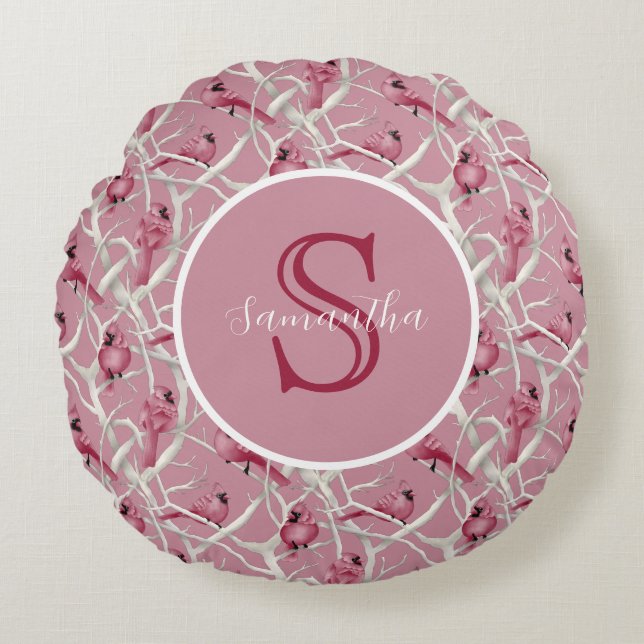 Almofada Redonda Pássaros Cardinal Rosa Cinza Personalizados Monogr (Frente)