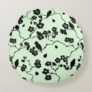 Almofada Redonda Pássaros com flores de cereja pretas em verde-mint