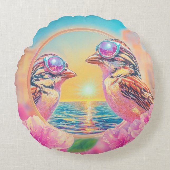 Almofada Redonda Pássaros legal com óculos Sunset (Frente)
