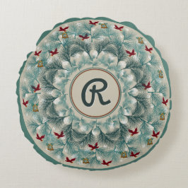 Almofada Redonda Pássaros vermelhos e pinheiros sabiosos personaliz