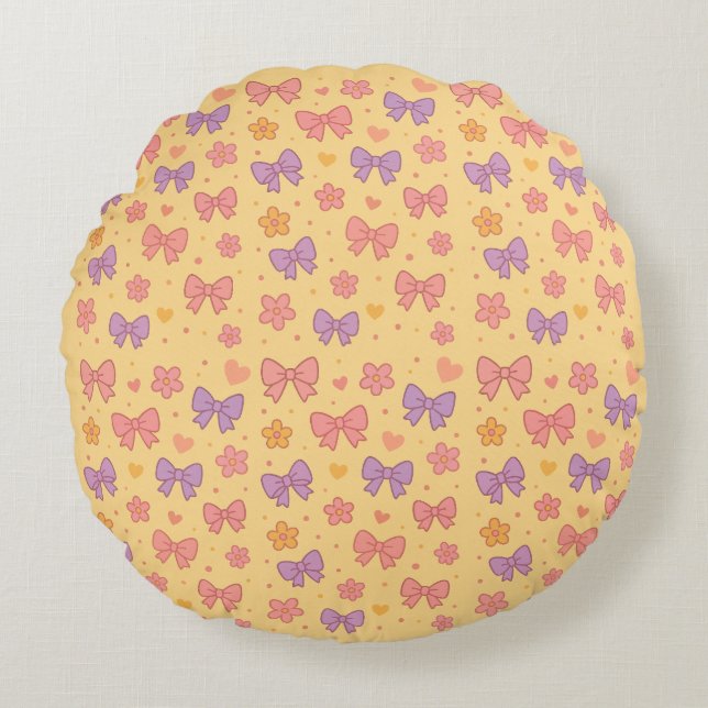 Almofada Redonda Pastel Bows & Flowers Pattern – Cute Yellow Girly  (Frente)