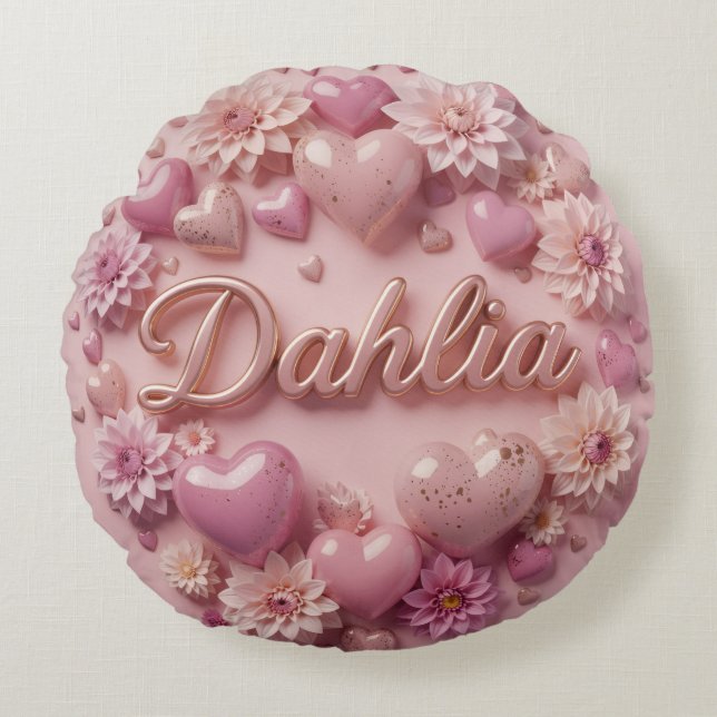 Almofada Redonda Pastel Dahlia Bloom Art with Hearts (Frente)