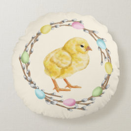 Almofada Redonda Pastel Easter Willow Wreath With Baby Chick