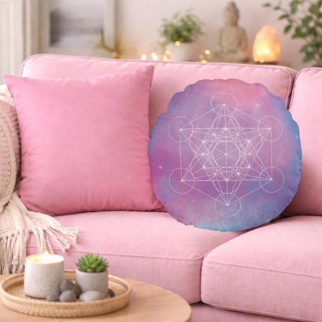 Almofada Redonda Pastel Galaxy Metatron’s Cube Sacred Geometry (Criador carregado)