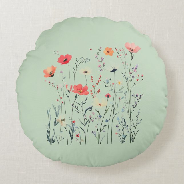 Almofada Redonda Pastel Green Wild Flowers Design, Floral Breeze, (Frente)