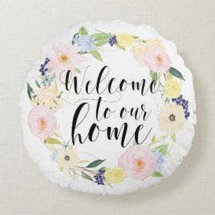 Almofada Redonda Pastel Primavera Floral Wreath Bem-Vindo À Nossa C