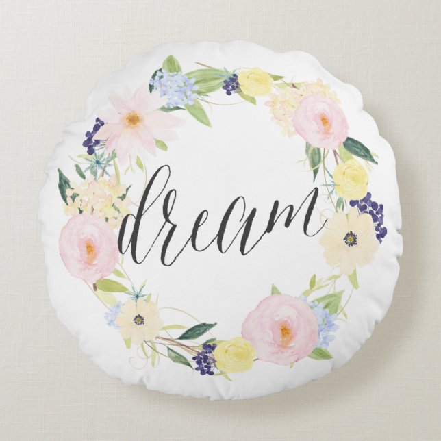 Almofada Redonda Pastel Primavera Floral Wreath | Dream Round Trave (Frente)