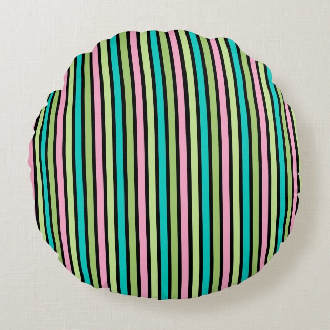 Almofada Redonda Pastel Rainbow Vertical Lines Geometric Pink Green (Frente)