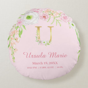 Almofada Redonda Pastel Rosa Monograma "U" Estatísticas de Bebê Men