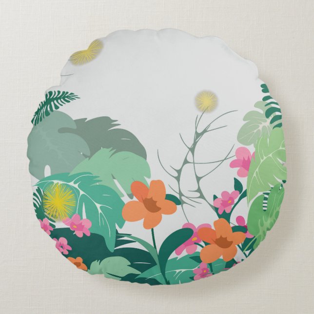 Almofada Redonda Pastel Tropical Leaves and Flowers (Frente)