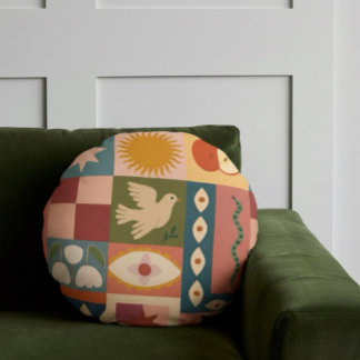 Almofada Redonda Patchwork celestial boêmica com símbolos místicos