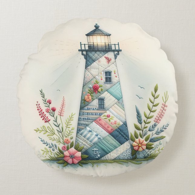 Almofada Redonda Patchwork Lighthouse Coastal Floral Scene (Frente)
