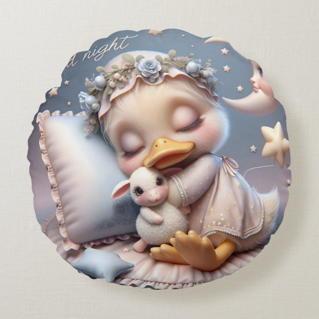 Almofada Redonda Pato Dormindo com Ovelha, Coleção de Natasha (Frente)