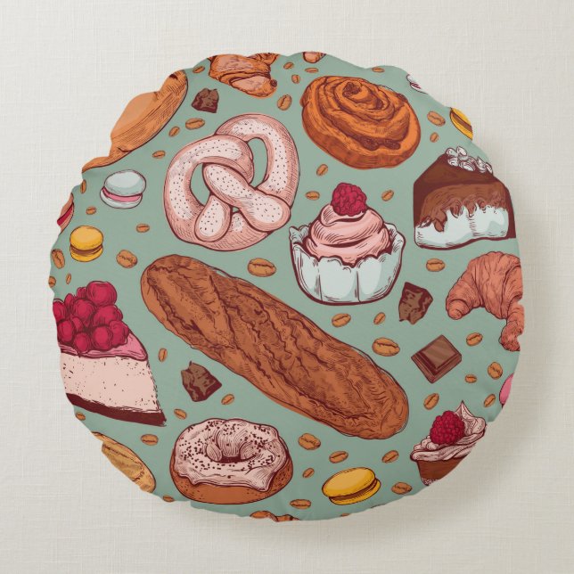 Almofada Redonda Patten de padaria desenhado à mão a cores. Diferen (Frente)