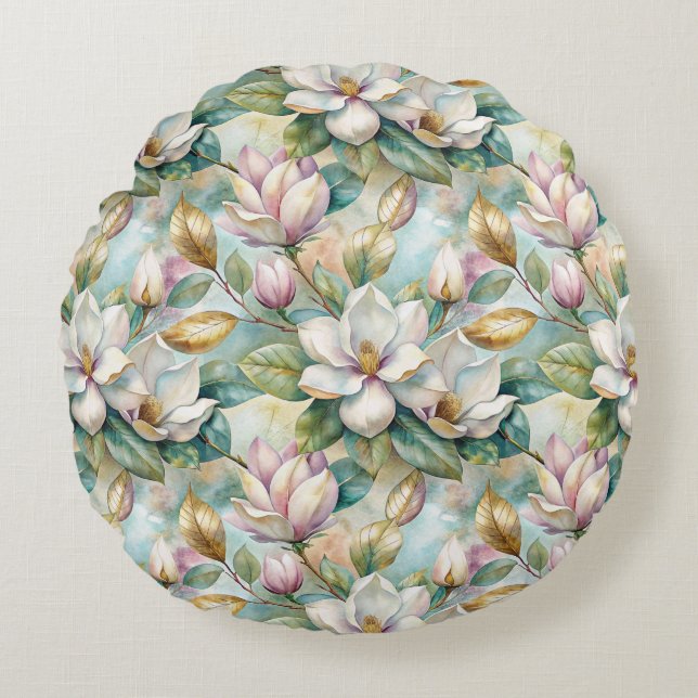 Almofada Redonda Pattern Elegant Magnolia Flowers (Frente)