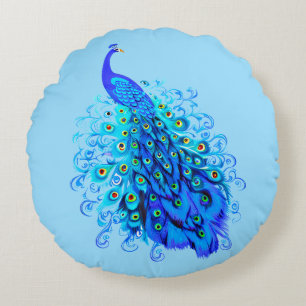 Almofada Redonda Pavão em Turquesa, Azul Cobalto e Aqua