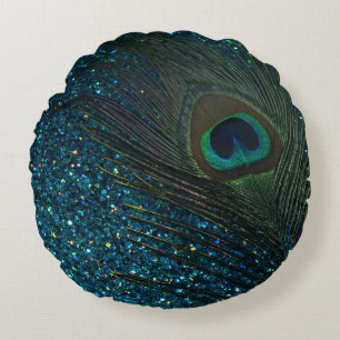 Almofada Redonda Pavão Glittery do azul do Aqua