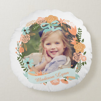 Almofada Redonda Peach Mint Girly Floral Wreath Foto Personalizada