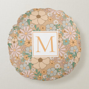 Almofada Redonda Peach Orange Floral Monograma personalizado
