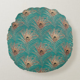 Almofada Redonda Peacock feather vintage padrão teal gold elegant