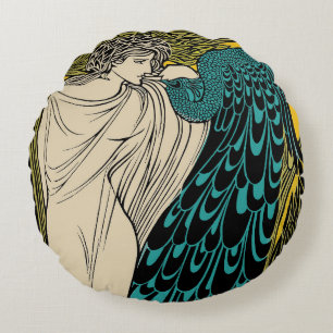 Almofada Redonda Peacock Fine Art Bird Nouveau