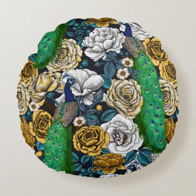 Almofada Redonda Peacocks no rosa 3 (Frente)