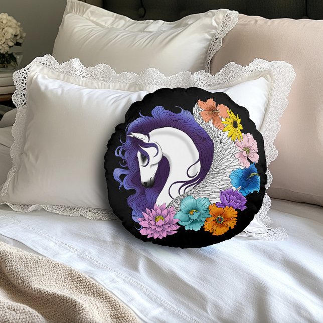 Almofada Redonda Pegasus Preto Floral (Criador carregado)