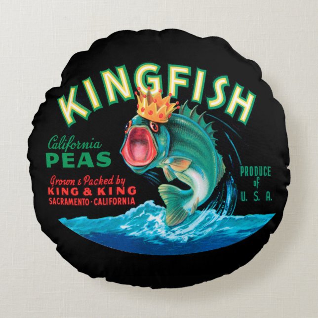 Almofada Redonda Peixe-Baixo Vestindo uma Coroa num Fundo Negro (Frente)