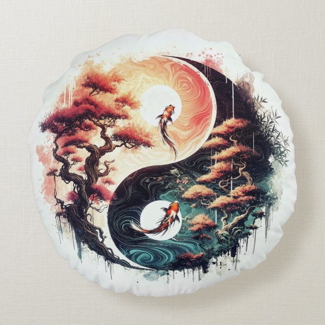 Almofada Redonda Peixe Koi e Yin Yang do Templo (Verso)