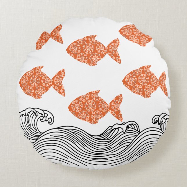 Almofada Redonda Peixes e Ondas (Frente)