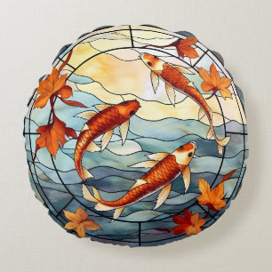 Almofada Redonda Peixes Koi japoneses e Folhas de outono