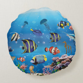 Almofada Redonda Peixes Tropicais nadando no fundo do mar