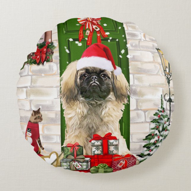 Almofada Redonda Pekingese Dog Christmas (Frente)