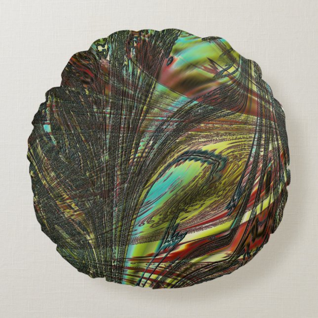 Almofada Redonda Penas de pavão cruzadas escuras (Frente)