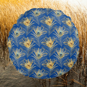 Almofada Redonda Penas de Peacock do Ouro Elegante no Azul Real