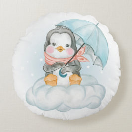 ALMOFADA REDONDA PENGUIM-BEBÊ FOFINHO SENTADO NA NUVEM