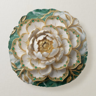 Almofada Redonda Peônia Branca Ouro Filigrana Esmeralda Luxo Arte F